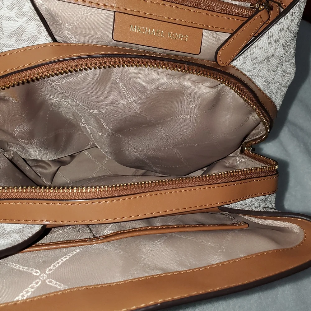 Michael Kors Brown and Beige Logo Canvas Drawstring Backpack with Leather Trim - Picture 3 of 4